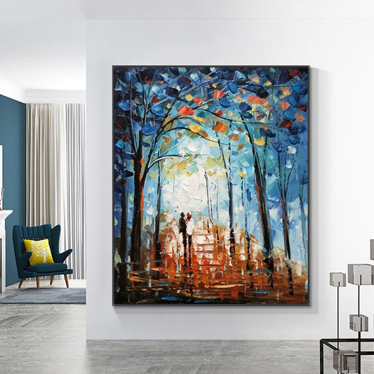Hand Painted Abstract Lover Working In The Tree lined Lane Oil Painting Handmade Wall Art  Living Room,31inx47in,No Frame