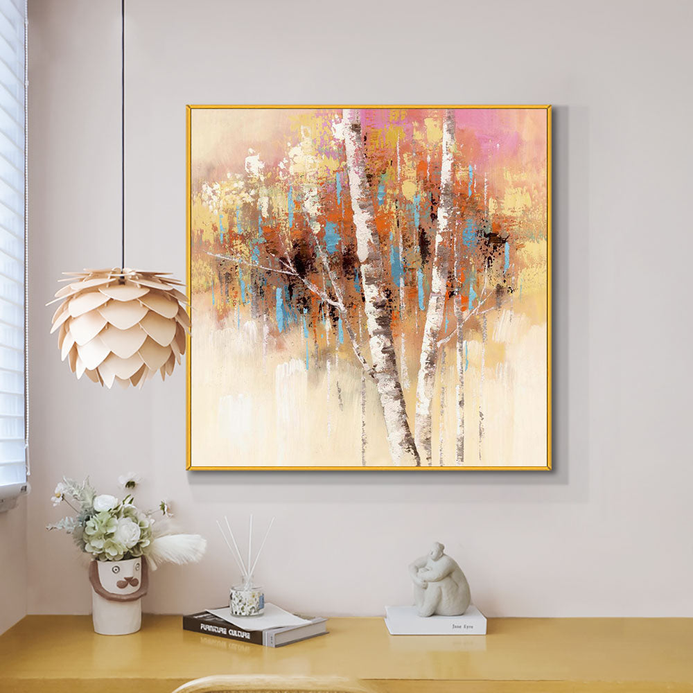#200 Hand Painted Oil Painting On Canvas Abstract Birches Picture Handmade Wall Art Living Room Home,31inx31in,No Frame