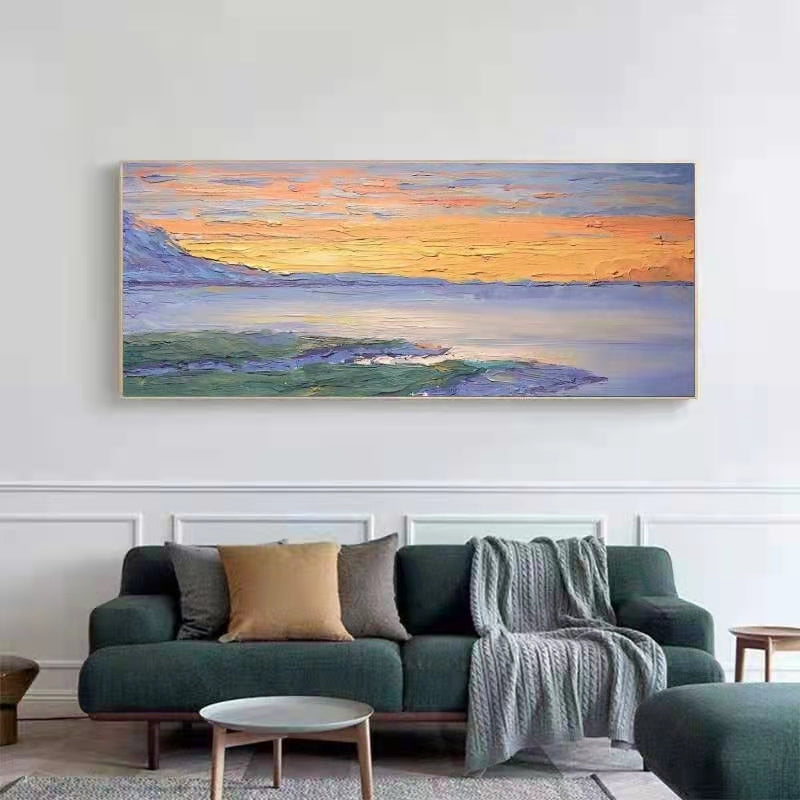 Hand painted Landscape Oil Painting Horizontal Sea View Sofa Decorative Painting Nordic Luxury Living Room Study,27inx54in,No Frame