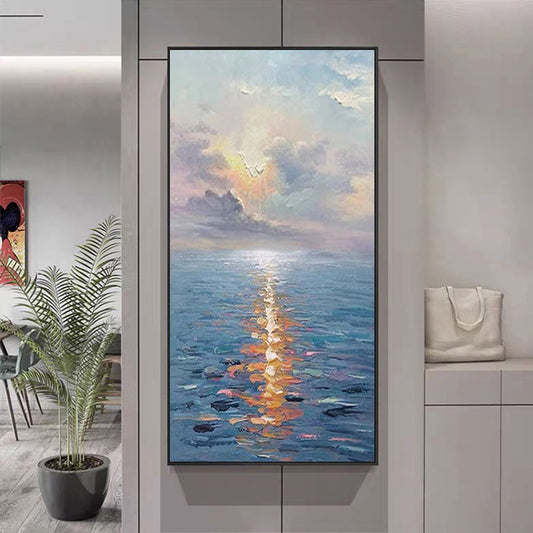 Hand painted Oil Painting Rising Sun Simple Living Room Floor to ceiling Decorative Painting Aisle Vertical,27inx54in,No Frame
