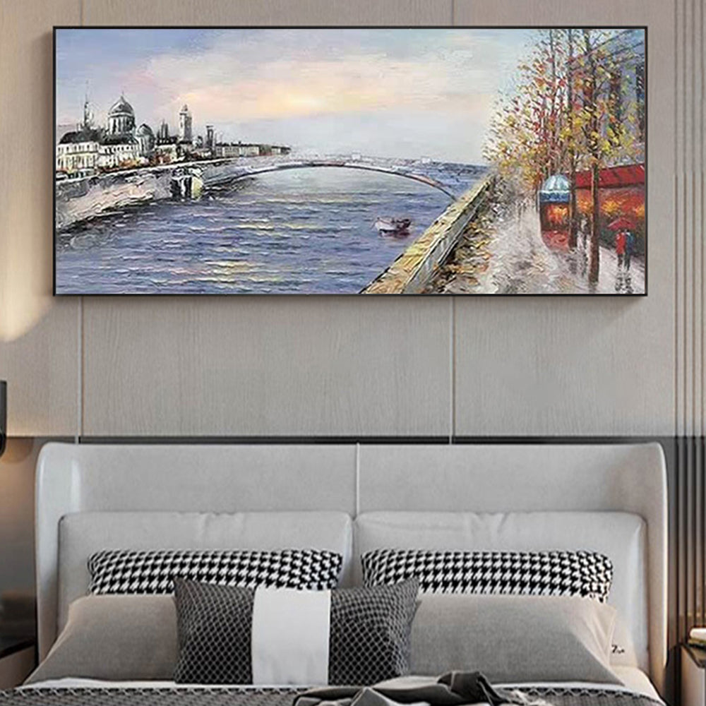 City Landscape  Hand Painted Oil Painting Modern Abstract Wall Hanging Picture For Dining Room,27inx54in,No Frame