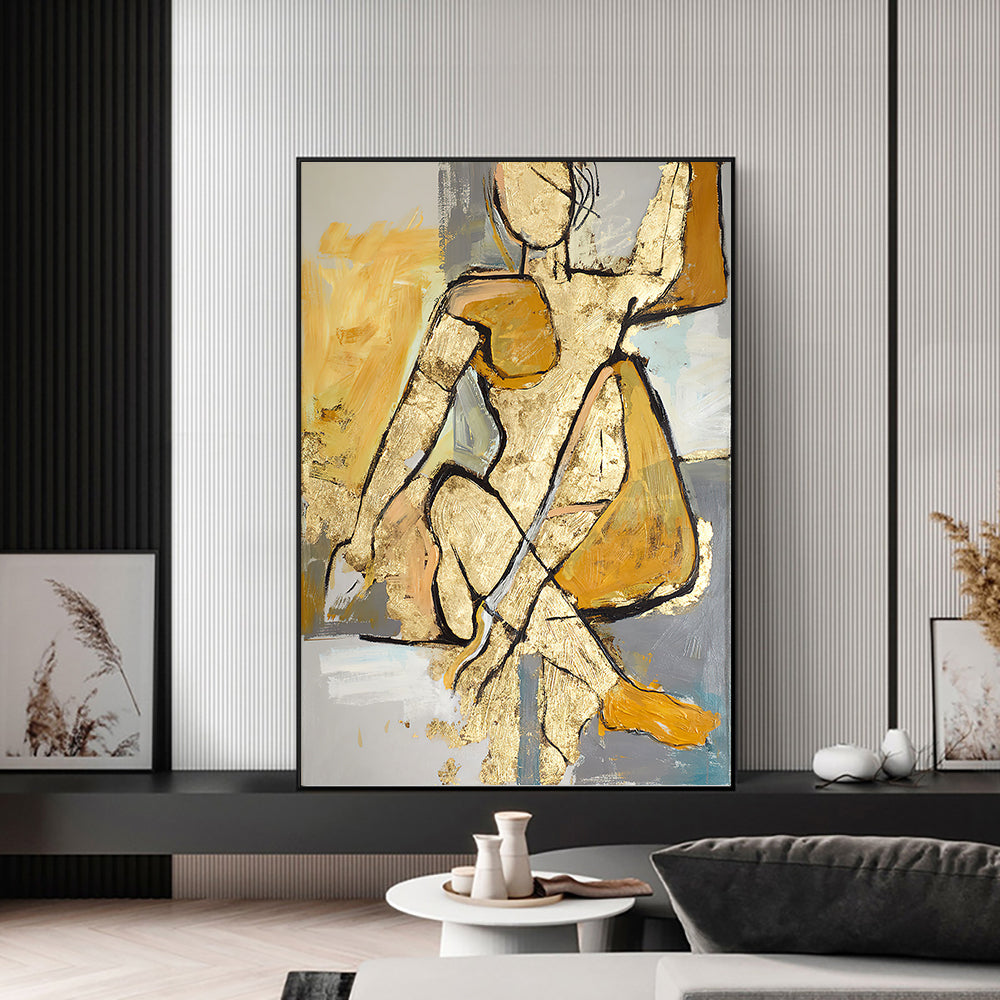 Abstract Golden Woman Oil Painting  Handmade On Canvas Modern Nordic Figure Wall Art Paintings  For Living Room ,31inx47in,No Frame