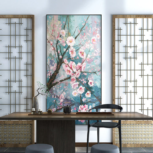 New Chinese Peach hand-painted Oil Paintings Entrance Vertical Version Tearoom Study Single Living Room Restaurant Decorative Pa27inx54in,No Frame