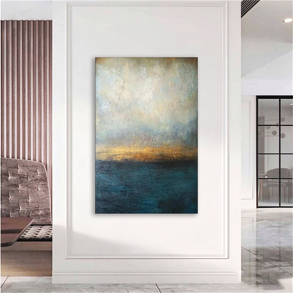 Original Abstract Blue Ocean Gold Sunset Canvas Wall Art Hand painted ...