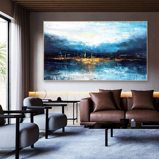 Handmade Abstract Large Blue Oil Painting Modern Mural Living Room Decoration Painting Large Size,27inx54in,No Frame
