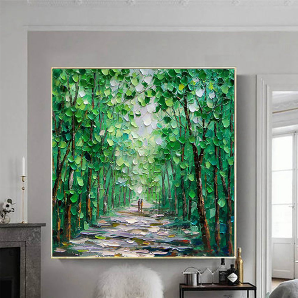 Spring Green Woods Hand Painted Modern Wall Art Oil Painting On Canvas Living Room Decoration Picture,31inx31in,No Frame