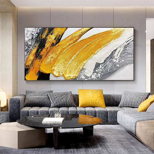 3D Abstract Oil Painting HandmadeThick Oil On Canvas Golden Oil Painting Modern Wall Art Picture,27inx54in,No Frame