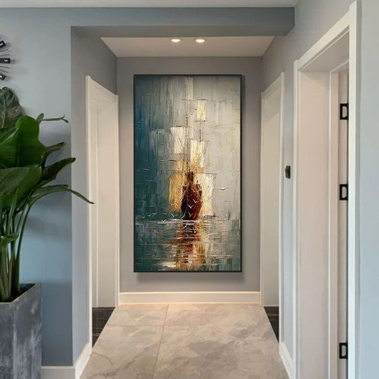 Hand painted Oil Painting Abstract Decorative Painting Vertical Plate Plain Sailing Hanging Painting Wall Art,27inx54in,No Frame