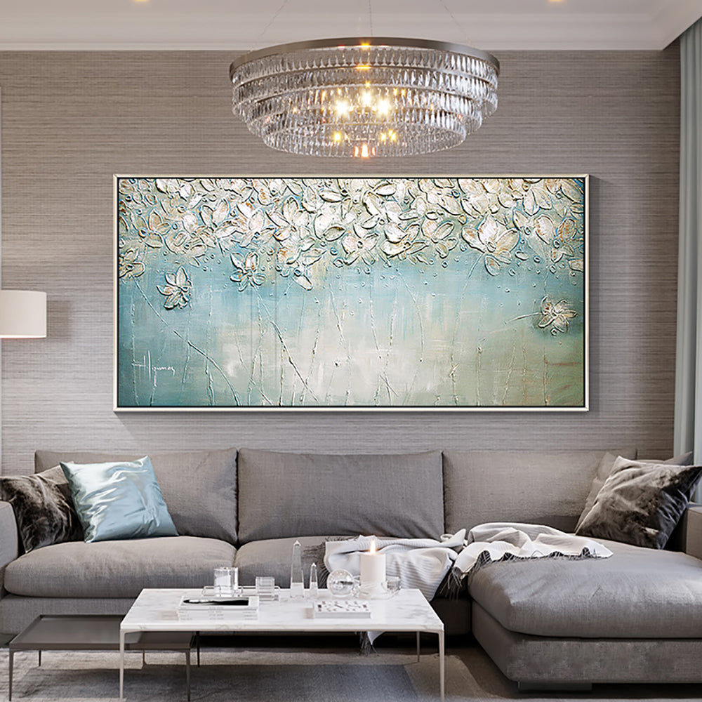 3D Knife Abstract White Flowers Oil Painting Handpainted On Canvas Living Room Salon Home Decoration Painting,27inx54in,No Frame