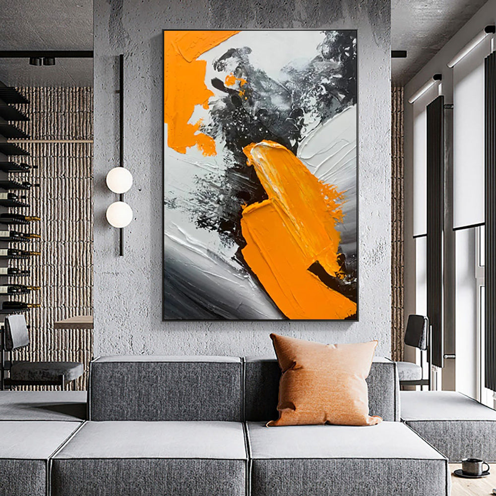 Abstract Black Orange Oil Painting  Handmade On Canvas Modern Nordic Abstract Wall Art  For Living Room,31inx47in,No Frame