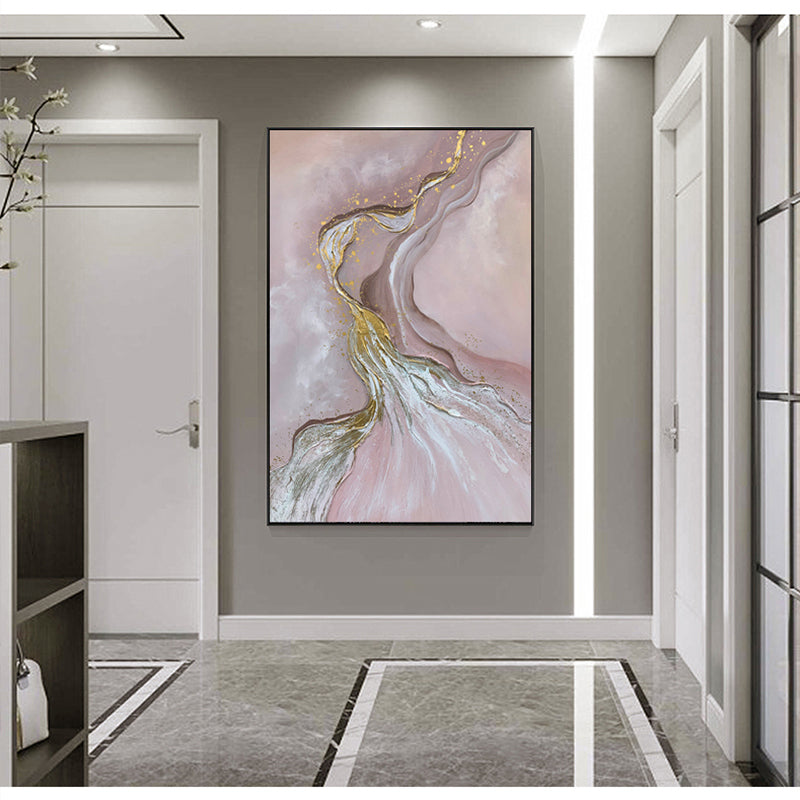 Pure Handpainted Modern Light Luxury Living Room Decoration Painting Gold Pink Simple Abstract Three Dimensional Hanging,31inx47in,No Frame