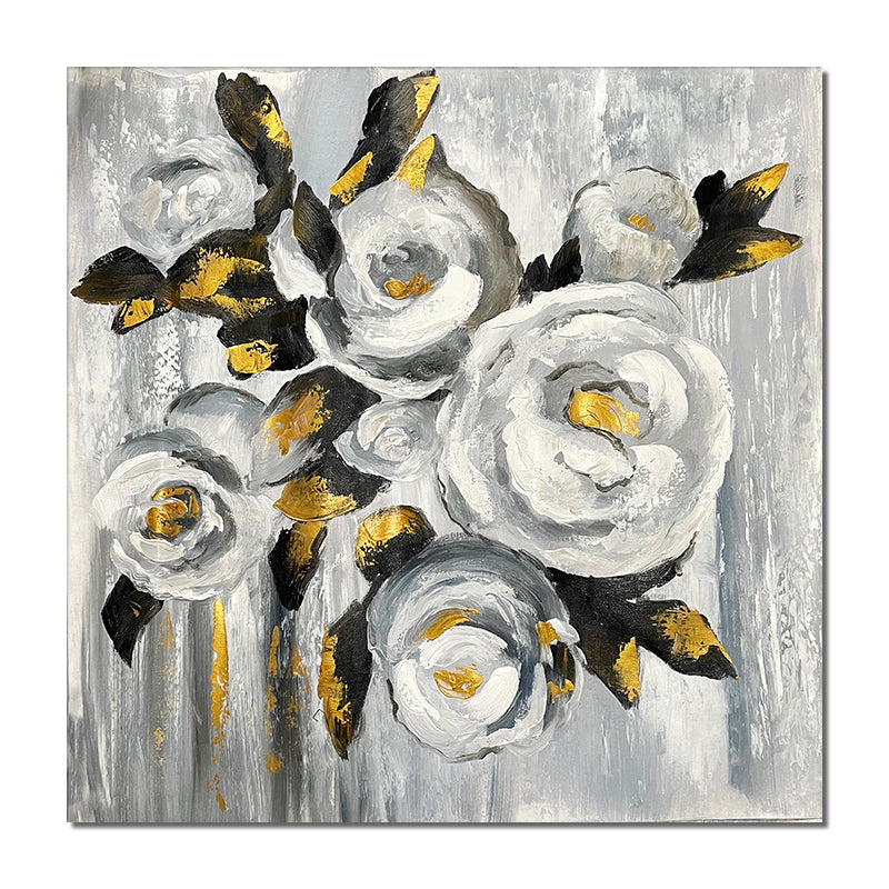 Abstract Textured White Flowers With Black Gold Leaves  Handpainted Oil Painting On Canvas Plant Wall,31inx31in,No Frame