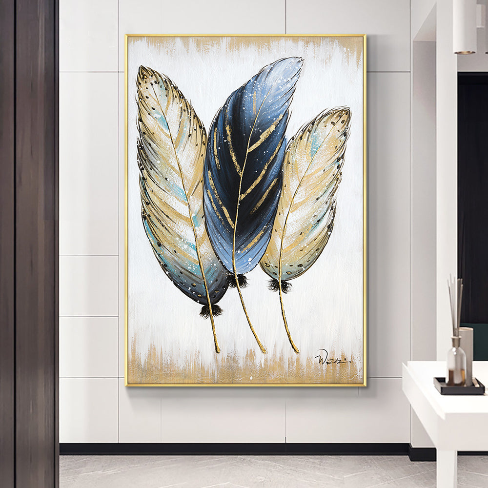 Abstract 3pcs Feathers Hand Painted Oil Painting On Canvas Handmade Abstract Modern Wall Art Painting For Living Room,31inx47in,No Frame