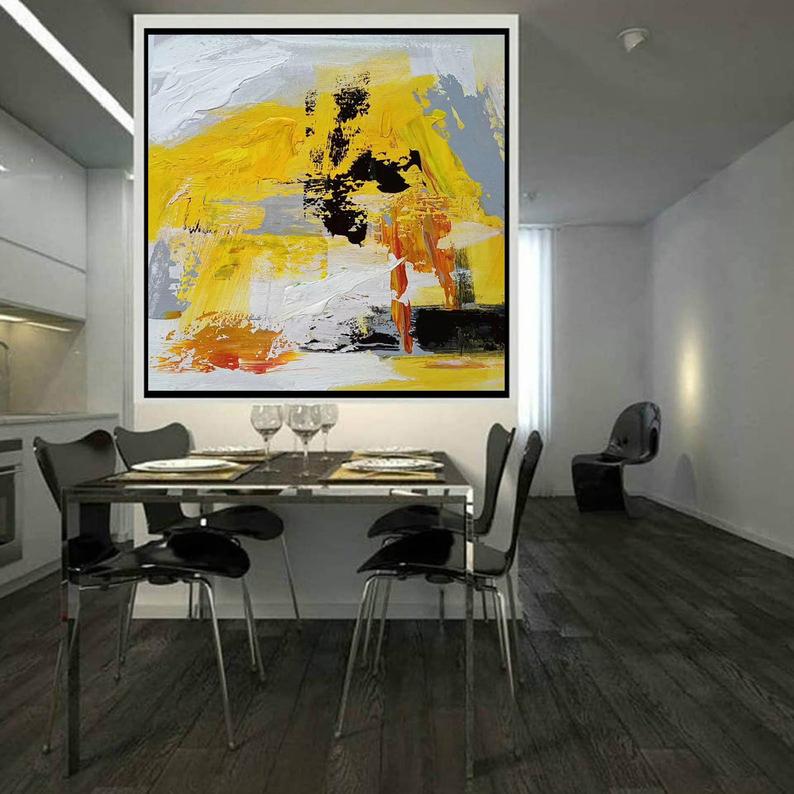 LargeAcrylicPaintingYellowAbstractPaintingExtraLargeCanvasArtModernWallArtCanvasTexturedWall 31in,No Frame