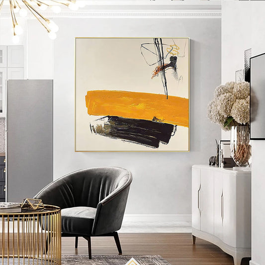 Pure Hand painted Oil Painting Modern Abstract Hanging Painting Black And White Orange Art Retro Living,31inx31in,No Frame