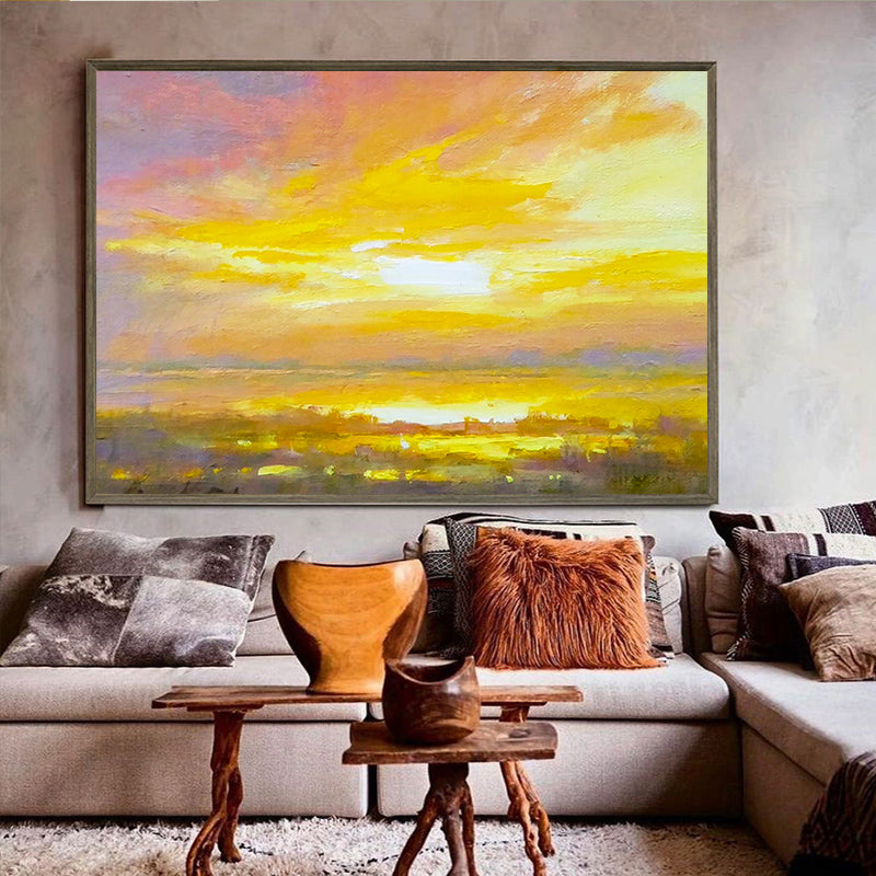 Pure Hand painted Oil Painting Yellow Purple Seaside Sunrise Decorative Painting Thick Oil Vertical Version Knife,31inx47in,No Frame