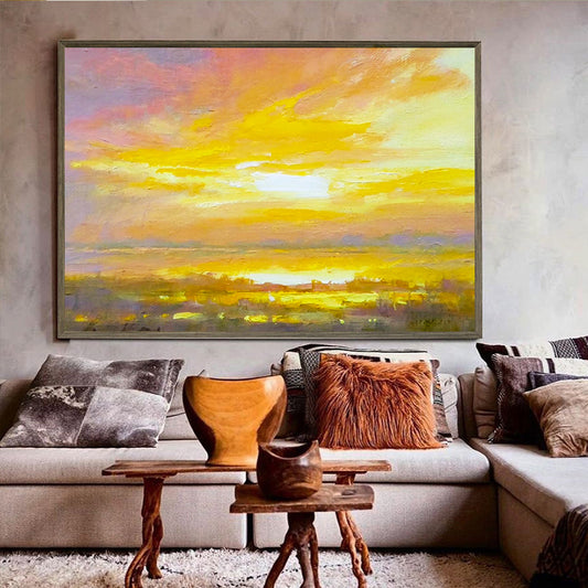 Pure Hand painted Oil Painting Yellow Purple Seaside Sunrise Decorative Painting Thick Oil Vertical Version Knife,31inx47in,No Frame