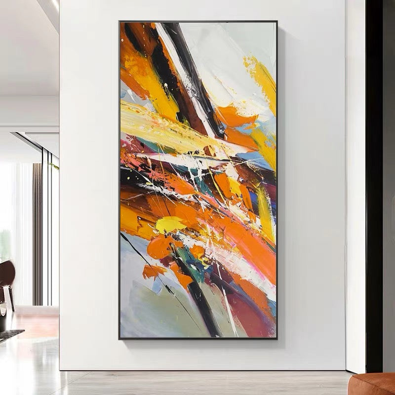 Pure Hand painted Oil Painting Orange Modern Abstract Corridor Decoration Painting Living Room Vertical Version Hanging,27inx54in,No Frame