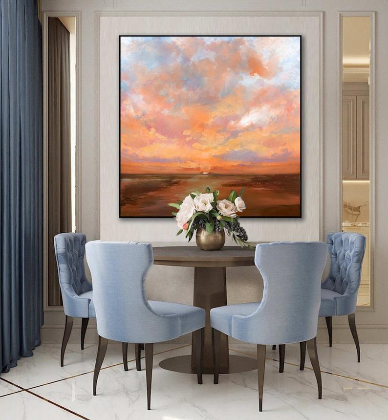 Large Sky Abstract Art Painting On Canvas Brown Painting Orange Painting Sunset Landscape Painting Sea Wall Art Office Decor31in,No Frame