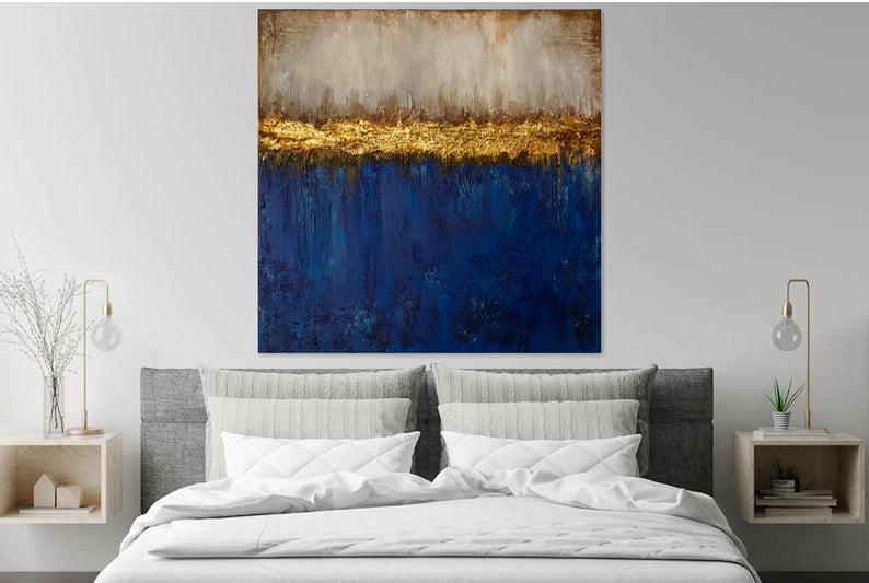 Handmade Blue Gold Leaf Acrylic Painting Textured Abstract Painting On Ready To Hang Canvas Gold Foil Oversized Wall Art31in,No Frame