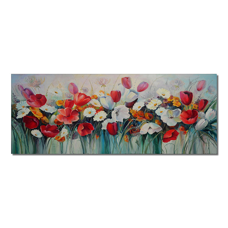 #420Abstract White Red Flowers Oil Painting  Handmade On Cotton Canvas Modern Hand Painted Wall Art,27inx54in,No Frame