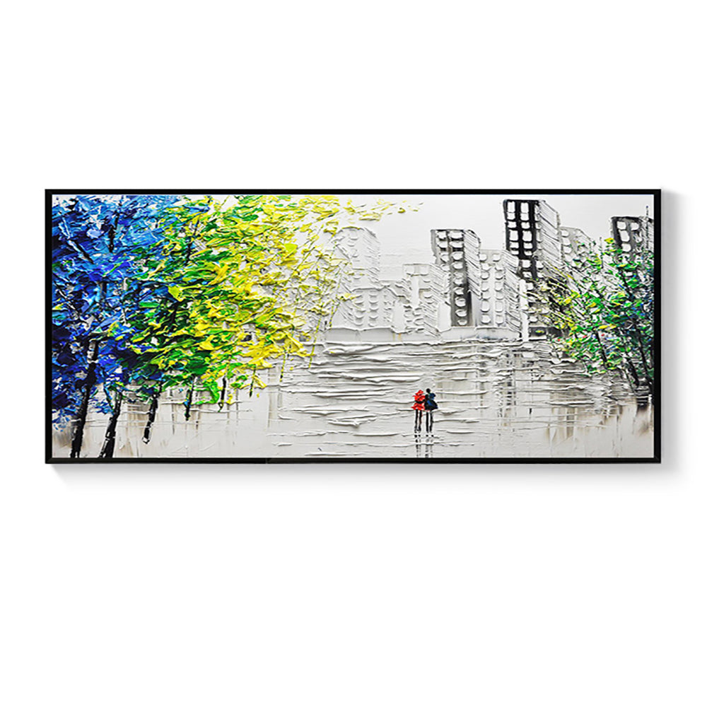 Hand painted Abstract City Building Oil Painting Wall Art Handmade Canvas Painting for Livingroom Home,27inx54in,No Frame