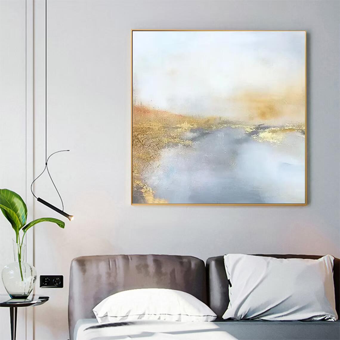 AbstractPaintingBlueAndGoldWallArtPaintingModernPaintingGoldLeafPaintingWallArtDecor 31in,No Frame