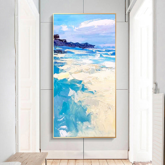 Modern Vertical Version Blue Ocean Beach Hand painted Decorative Painting Canvas Painting Living Room,27inx54in,No Frame