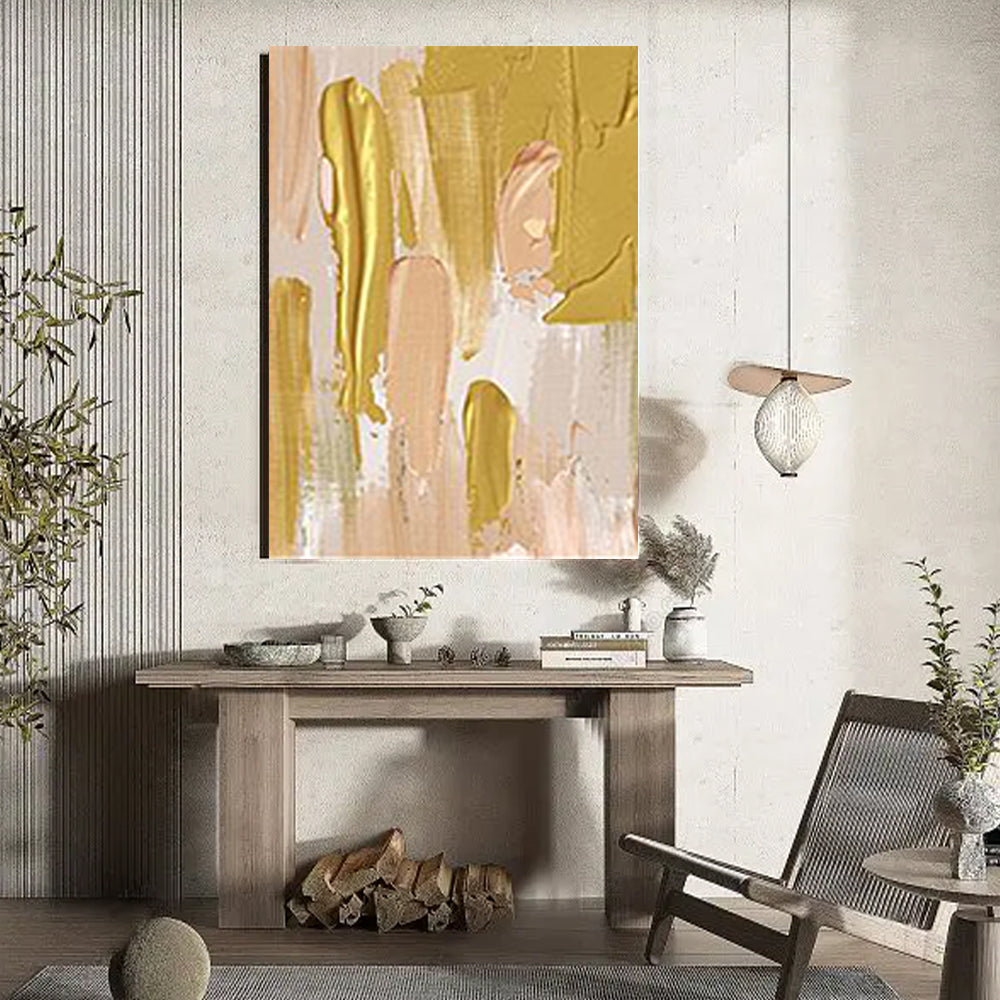Frameless Abstract Oil Painting With Golden And White Stripes Modern Wall Art Handpainted Oil Painting,31inx47in,No Frame