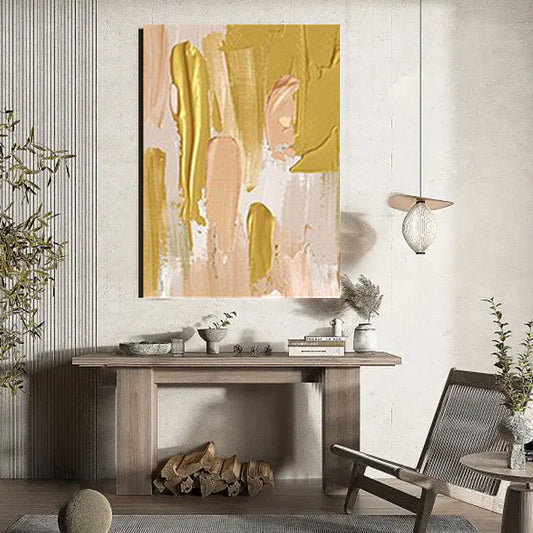 Frameless Abstract Oil Painting With Golden And White Stripes Modern Wall Art Handpainted Oil Painting,31inx47in,No Frame