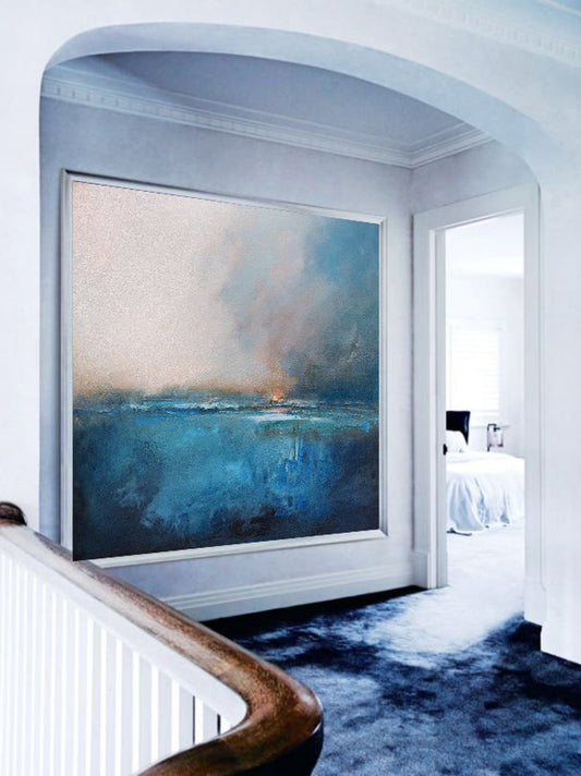 LargeOriginalSeaLevelBlueOilPaintingWallArtBlueAbstractPaintingSkyLandscapeOilPainting   31in,No Frame