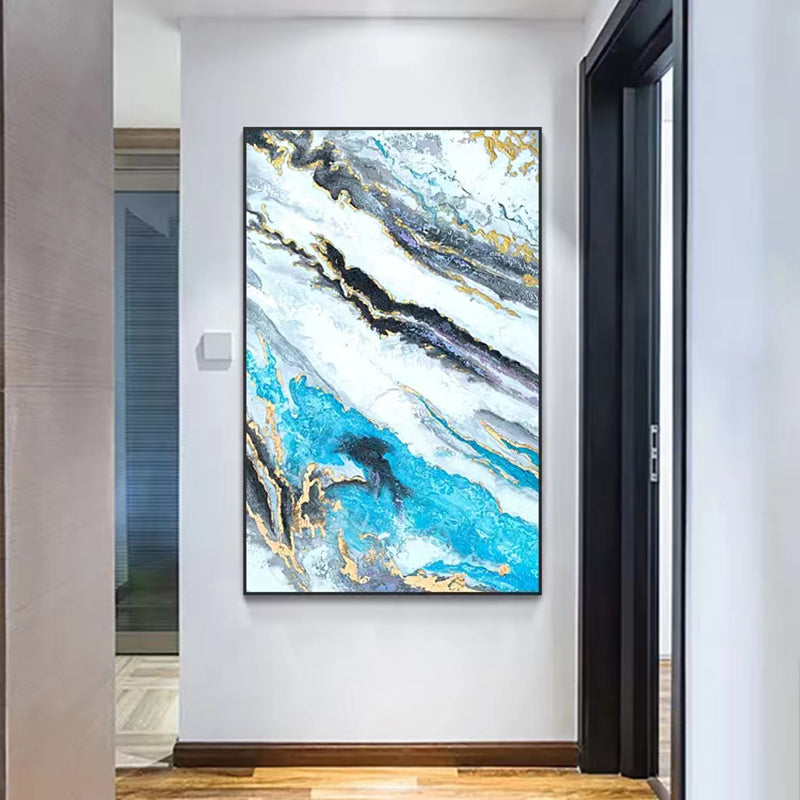Hand painted Oil Painting Corridor French Light Luxury Hanging Abstract Painting Gold Foil Living Room Decoration,31inx47in,No Frame