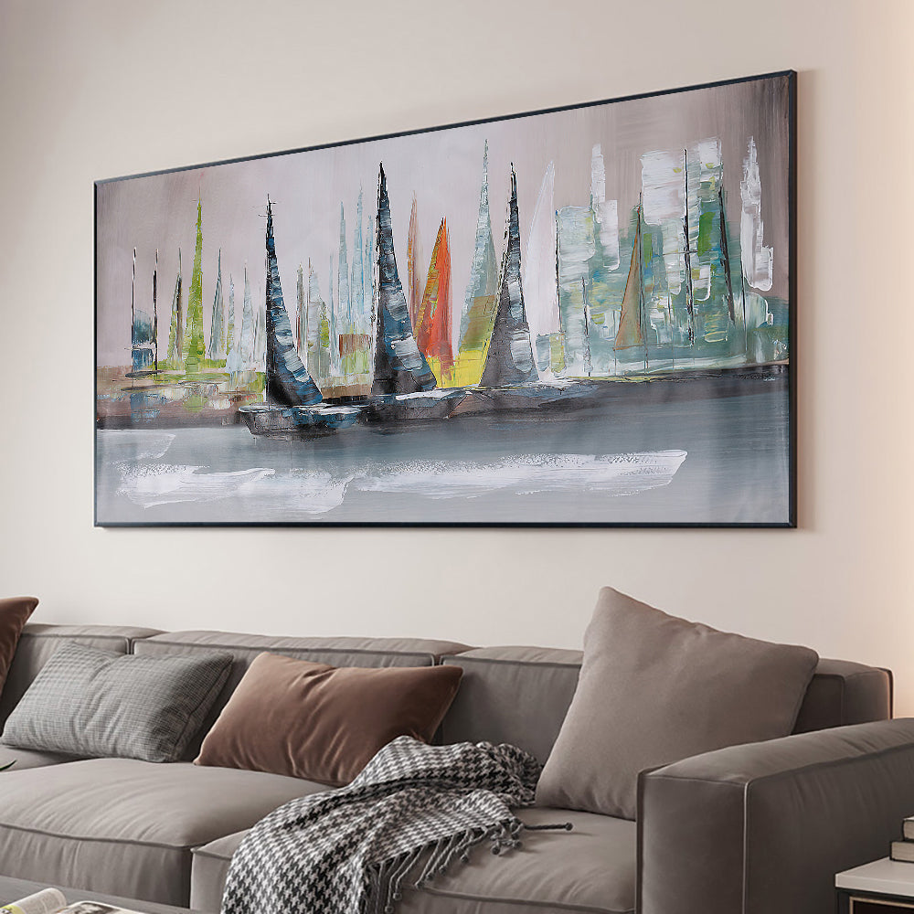 Textured Colorful Sailboat Oil Painting  Hand Painted On Canvas Modern Nordic Handmade Acrylic Wall Art,27inx54in,No Frame