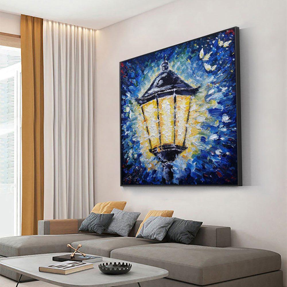 Abstract Blue Painting Street Lamp Light Oil Painting  Hand Painted On Canvas Decorative Wall Art,31inx31in,No Frame