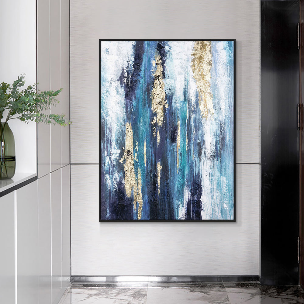 Abstract Blue Painting Wth Gold Foil  Hand Painted Oil Painting On Canvas Handmade Modern Wall  For Living Room,31inx47in,No Frame