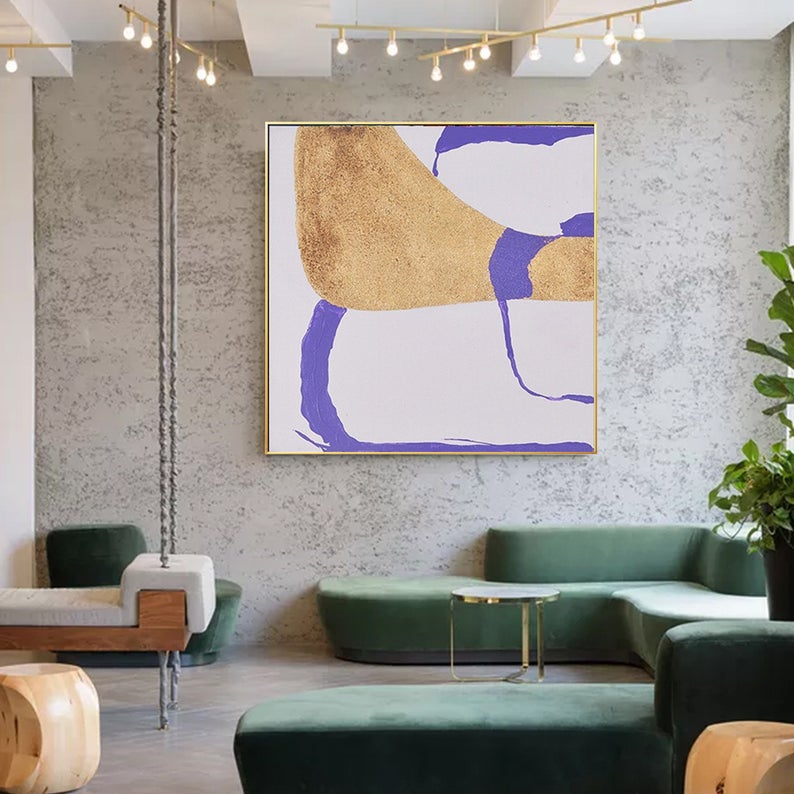 LargeAbstractPaintingOnCanvasGoldAcrylicPaintingPurpleSimpleGeometryArtContemporaryAbstractWallArt  31in,No Frame