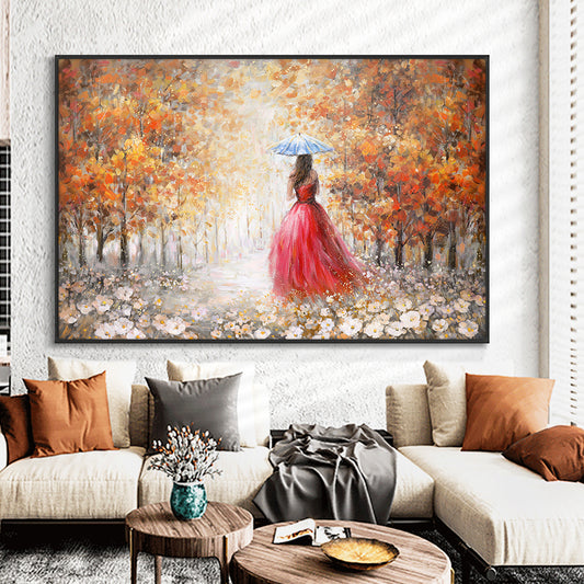 Abstract Girl Weared Red Skirt Waking In The Rain With Umbrella  Hand Painted Oil Painting,27inx54in,No Frame