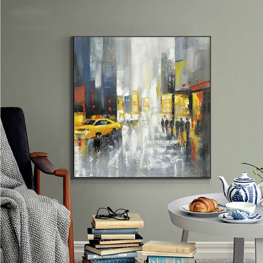 Abstract Yellow Building Car People Wall Art Painting  Hand Painted Oil Painting On Canvas Poster,31inx31in,No Frame