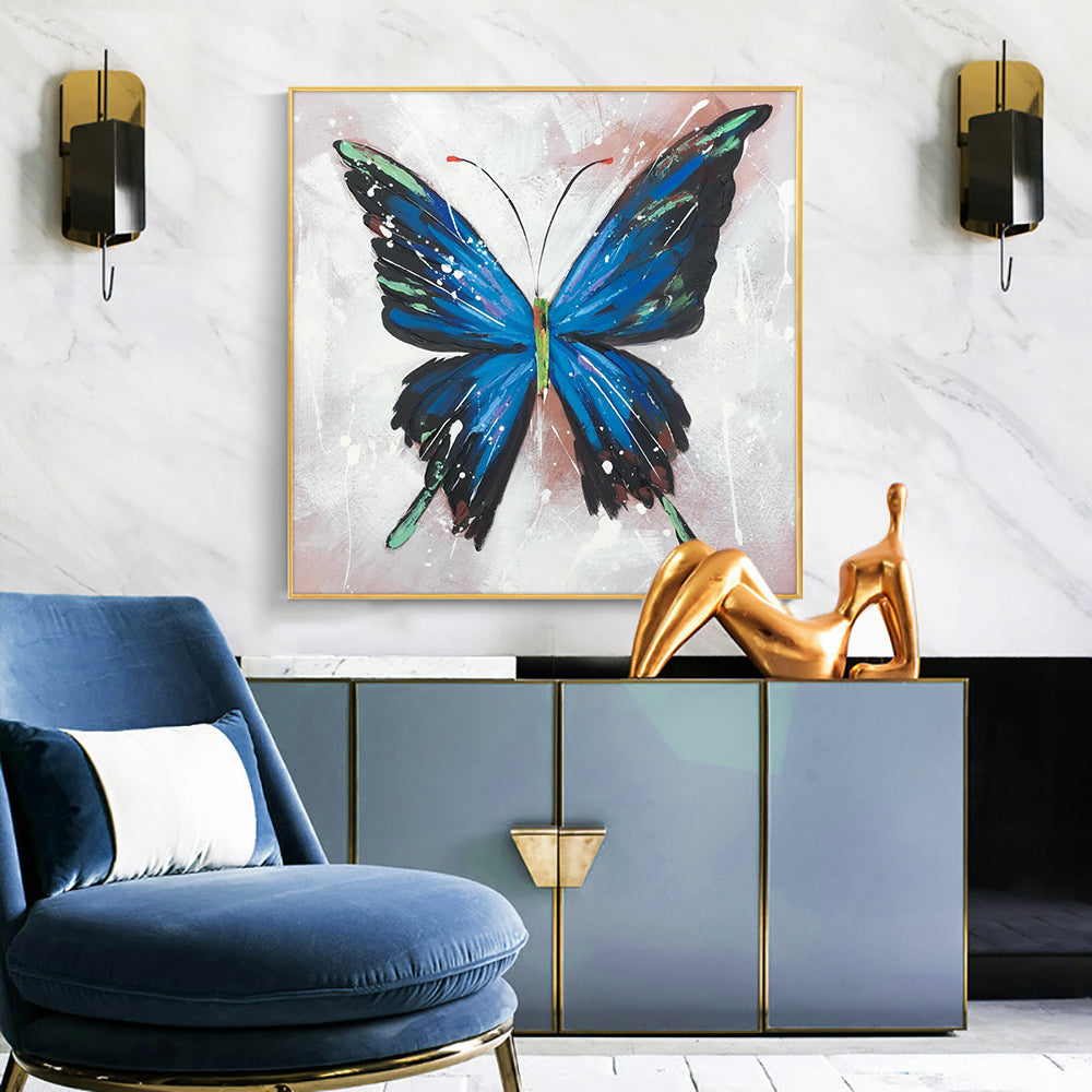 Abstract Handmade Blue Butterfly Oil Painting On Canvas Hand Painted Paintings Abstract Wall Art For Living Room,31inx31in,No Frame