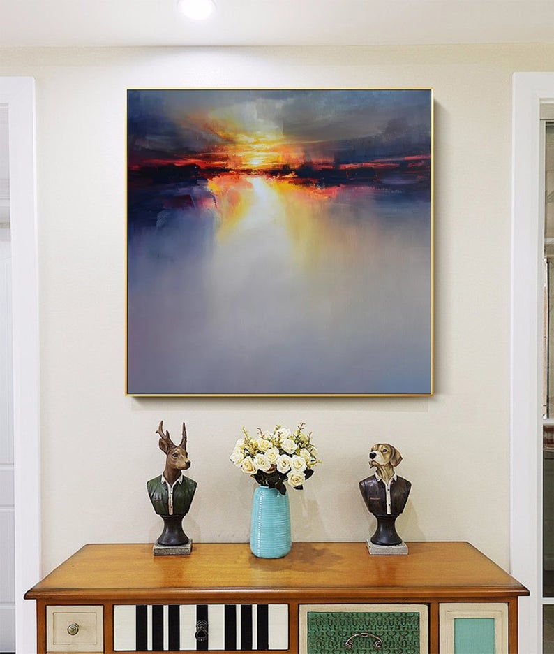 SunsetPaintingLandscapeCanvasPaintingCloudPaintingSkyAbstractPaintingOversizeWallArtGoldArtColorful 31in,No Frame
