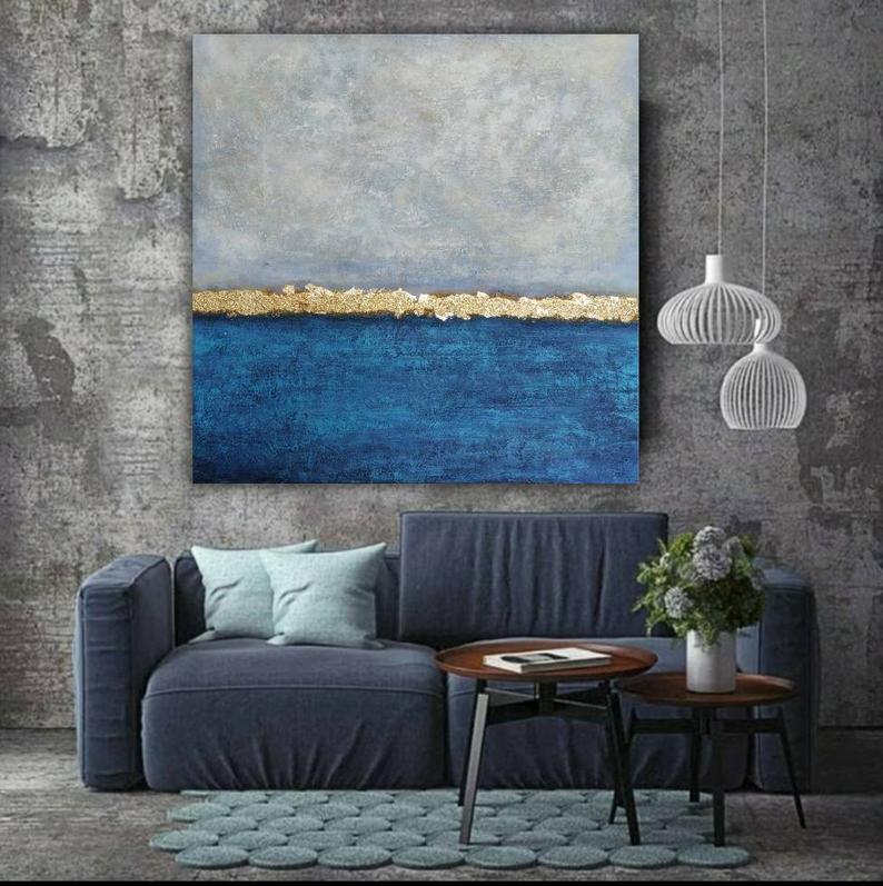 LargeOceanPaintingBlueAndGrayPaintingAbstractLandscapePaintingSeaPaintingOnCanvasGoldLeaf  31in,No Frame