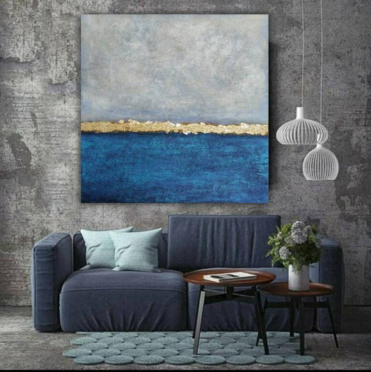 LargeOceanPaintingBlueAndGrayPaintingAbstractLandscapePaintingSeaPaintingOnCanvasGoldLeaf  31in,No Frame