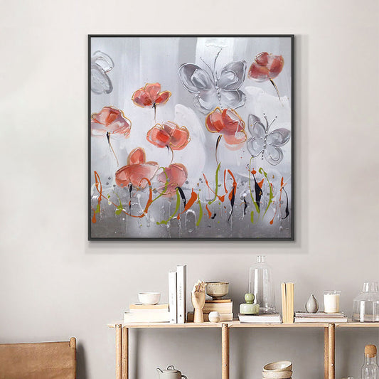 Abstract Flowers With Butterfly Painting On Canvas  Hand Painted Oil Painting Handmade Decorative Wall Art,31inx31in,No Frame
