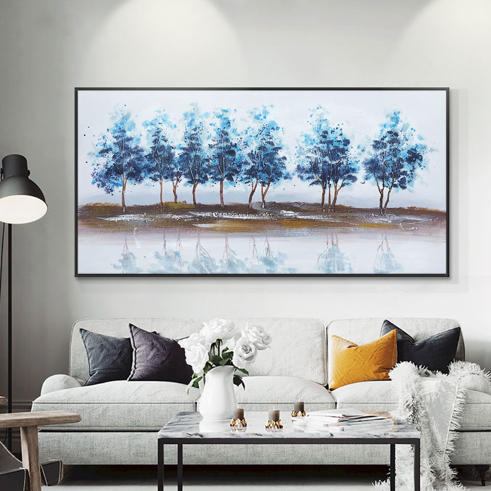 Abstract Large Size Painting Hand Painted Oil Painting On Canvas Blue Trees Painting Modern Wall Art,27inx54in,No Frame