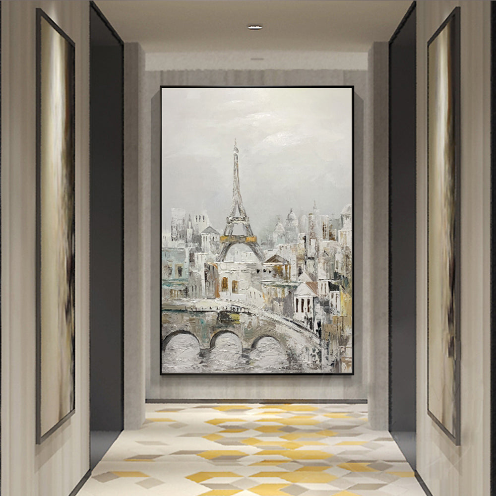 Hand Painted Canvas Oil Painting Lron Tower Landscape Abstract Mural Living Room Sofa Background Wall Art For Living Room,31inx47in,No Frame