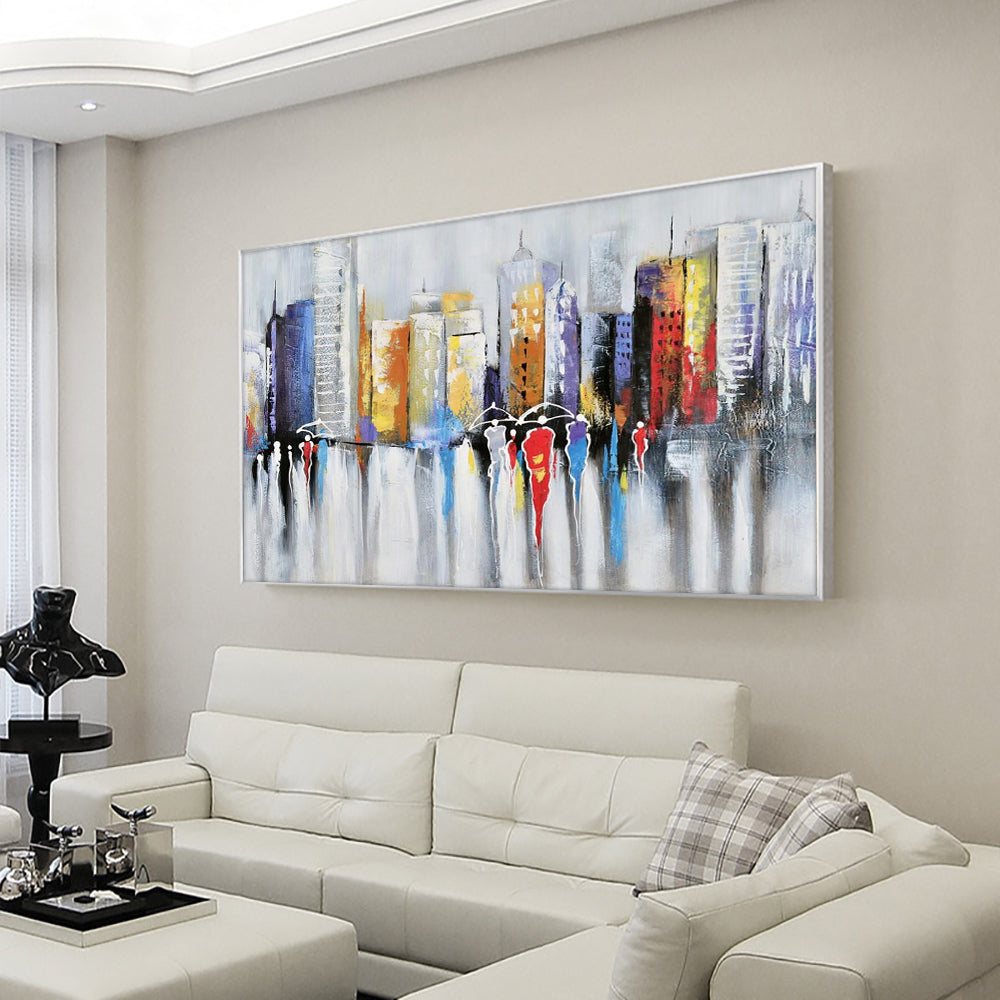 Large City Buildings Painting  Hand Painted Oil Painting On Canvas Abstract Textural Figure Wall,27inx54in,No Frame