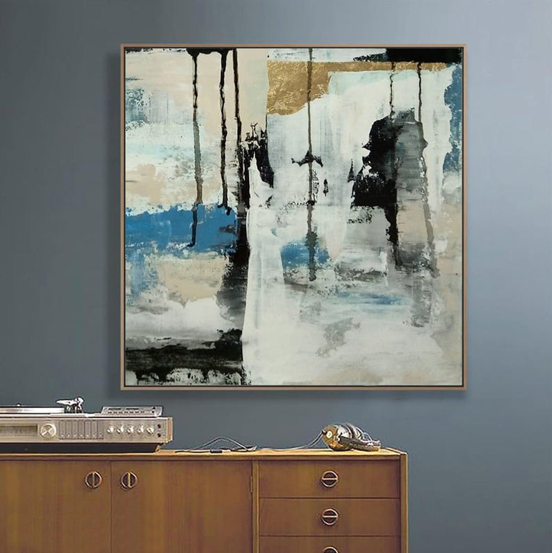 Gray Large Wall Art Abstract Acrylic Gold Painting Blue Black Painting On Canvas Handmade Original Art Home Decor31in,No Frame