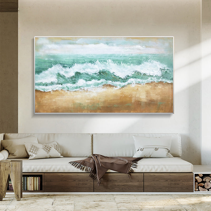 #270Hand painted Oil Painting Landscape Painting Beach Sea Waves Modern Minimalist Decorative Painting Living Room Hanging,27inx54in,No Frame