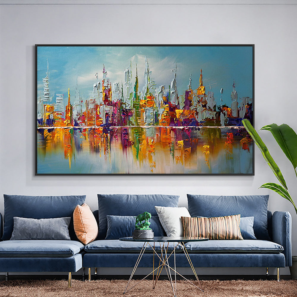 Abstract Colorful Large City Building Painting  Handpainted Oil Painting On Canvas Modern Wall Art Painting,27inx54in,No Frame
