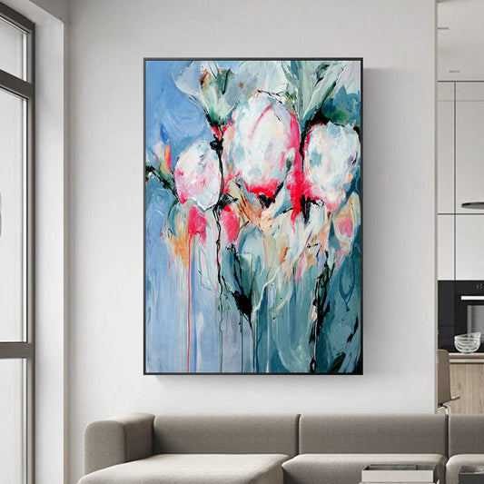 Hand painted Blue Tulip modern Art Picture For Living Room Decoration Large Size Tableaux,31inx47in,No Frame